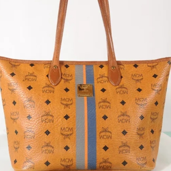 MCM Authentic VisetosShopper Tote Bag Yellow Gold Cognac Brown Blue Striped